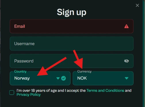 Registreringsskjema med Norge og NOK valgt
